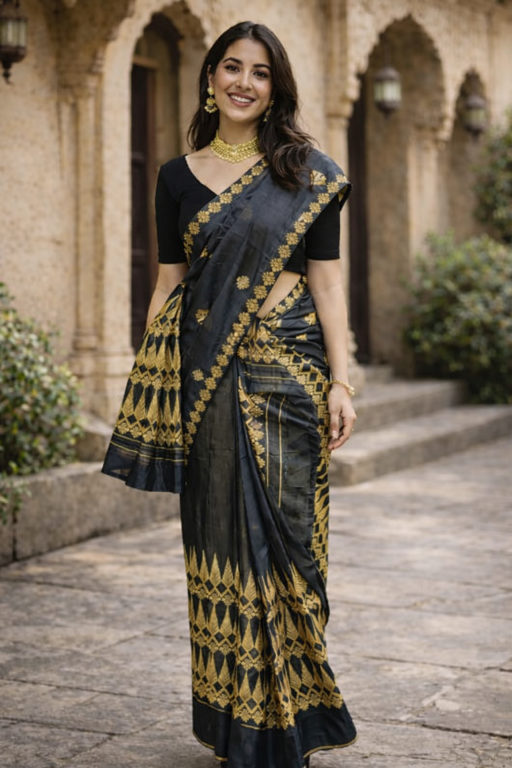 S534 AI Grey Chanderi Cotton Mekhela Chador - Image 1