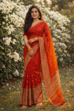 Red Organza Soft Silk Mekhela Chador - Image 2