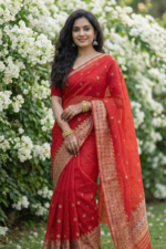 Red Organza Soft Silk Mekhela Chador
