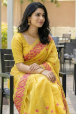 Yellow Chanderi Cotton Mekhela Chador - Image 2