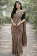 Taupe Grey Chanderi Cotton Mekhela Chador