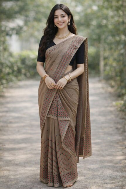 Taupe Grey Chanderi Cotton Mekhela Chador